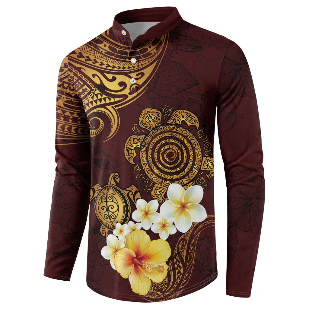Polynesian Turtle Button Sweatshirt Plumeria Hibiscus Pattern Oxblood