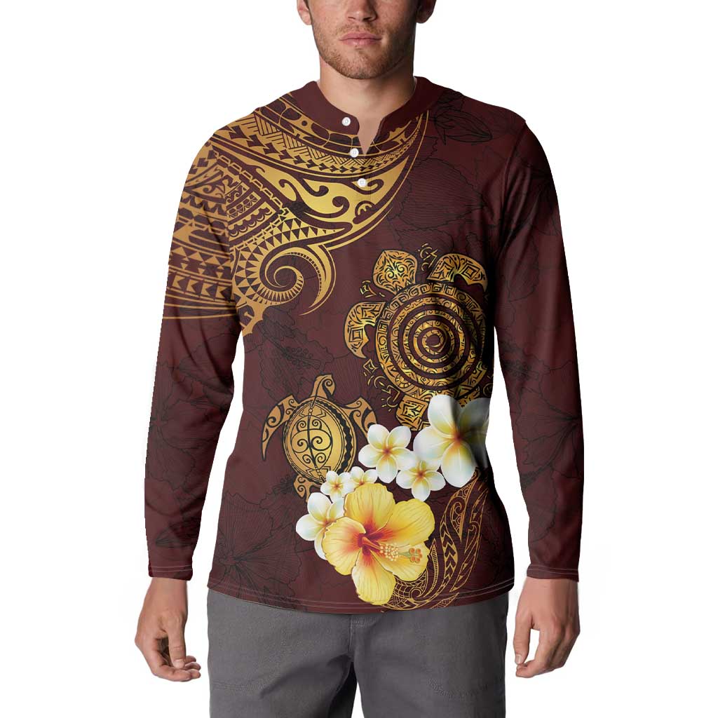 Polynesian Turtle Button Sweatshirt Plumeria Hibiscus Pattern Oxblood