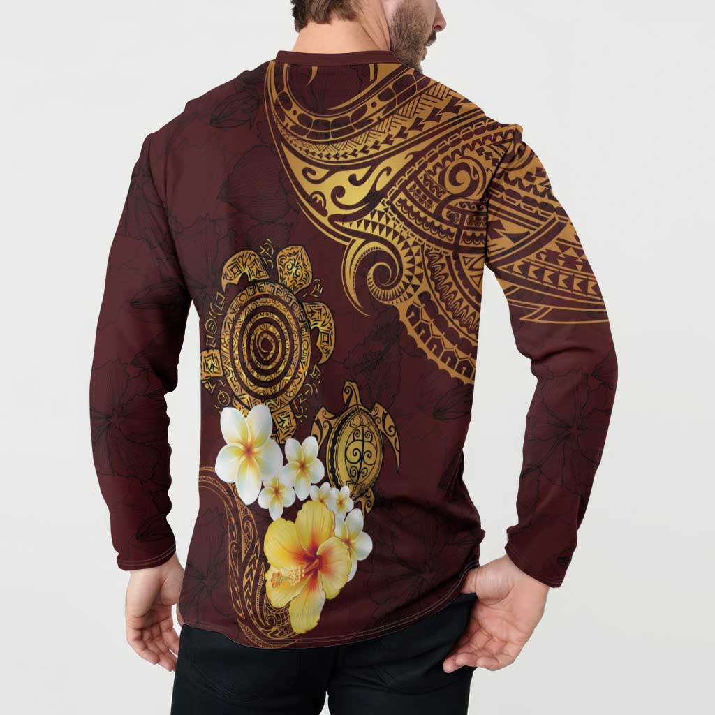 Polynesian Turtle Button Sweatshirt Plumeria Hibiscus Pattern Oxblood