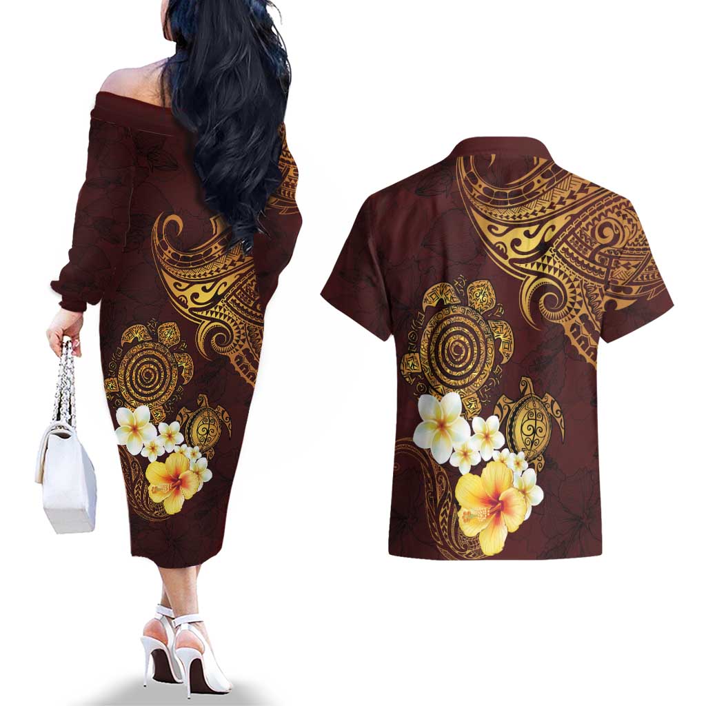Polynesian Turtle Couples Matching Off The Shoulder Long Sleeve Dress and Hawaiian Shirt Plumeria Hibiscus Pattern Oxblood