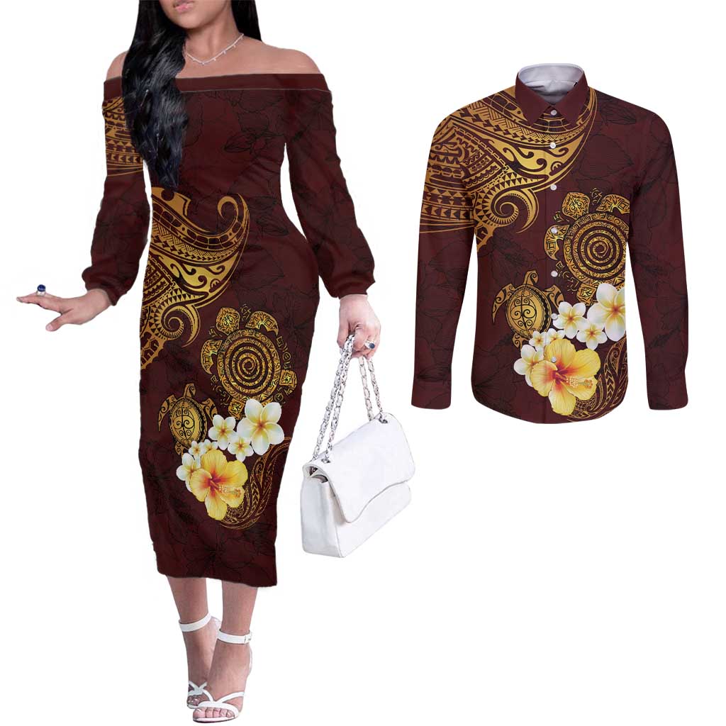 Polynesian Turtle Couples Matching Off The Shoulder Long Sleeve Dress and Long Sleeve Button Shirt Plumeria Hibiscus Pattern Oxblood LT03 Oxblood - Polynesian Pride