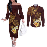 Polynesian Turtle Couples Matching Off The Shoulder Long Sleeve Dress and Long Sleeve Button Shirt Plumeria Hibiscus Pattern Oxblood LT03 Oxblood - Polynesian Pride