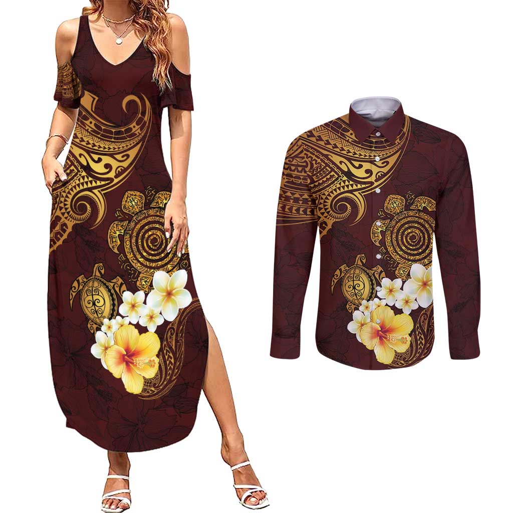 Polynesian Turtle Couples Matching Summer Maxi Dress and Long Sleeve Button Shirt Plumeria Hibiscus Pattern Oxblood LT03 Oxblood - Polynesian Pride