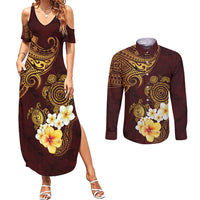 Polynesian Turtle Couples Matching Summer Maxi Dress and Long Sleeve Button Shirt Plumeria Hibiscus Pattern Oxblood LT03 Oxblood - Polynesian Pride