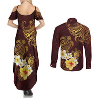 Polynesian Turtle Couples Matching Summer Maxi Dress and Long Sleeve Button Shirt Plumeria Hibiscus Pattern Oxblood LT03 - Polynesian Pride