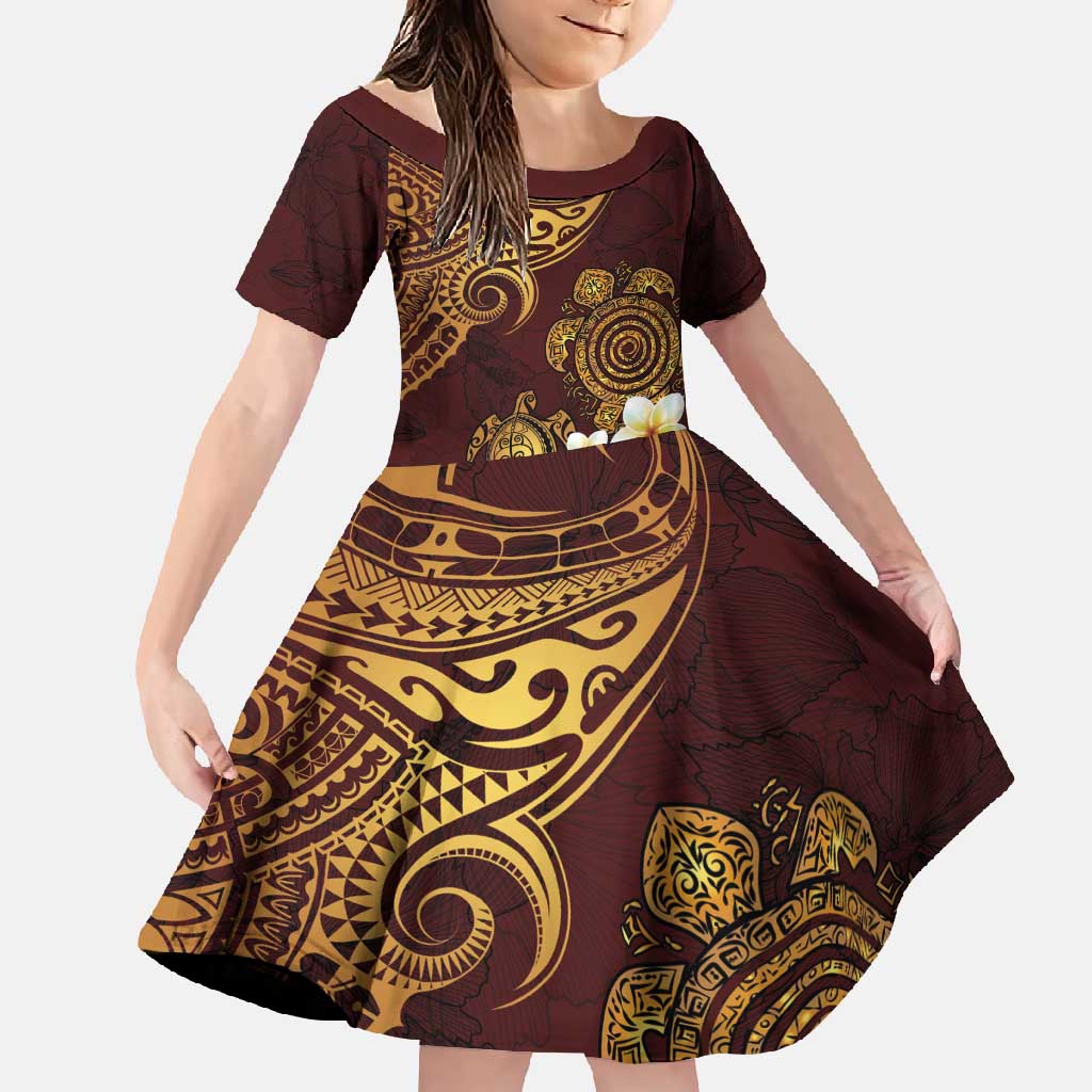 Polynesian Turtle Family Matching Off Shoulder Maxi Dress and Hawaiian Shirt Plumeria Hibiscus Pattern Oxblood LT03 Daughter's Dress Oxblood - Polynesian Pride