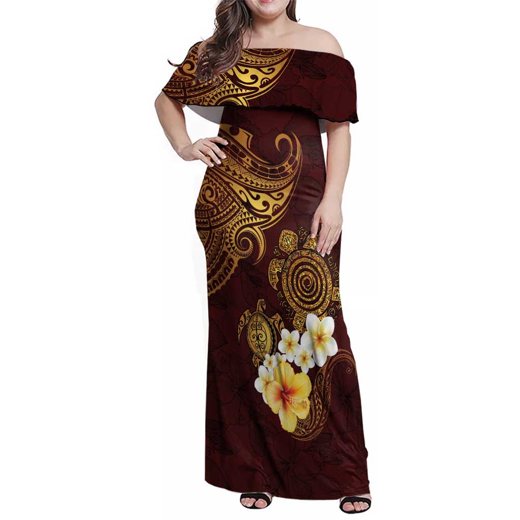 Polynesian Turtle Family Matching Off Shoulder Maxi Dress and Hawaiian Shirt Plumeria Hibiscus Pattern Oxblood LT03 Mom's Dress Oxblood - Polynesian Pride