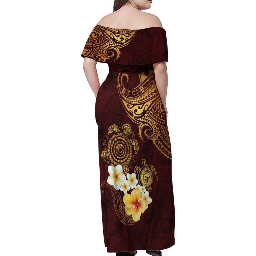 Polynesian Turtle Family Matching Off Shoulder Maxi Dress and Hawaiian Shirt Plumeria Hibiscus Pattern Oxblood LT03 - Polynesian Pride