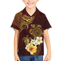 Polynesian Turtle Family Matching Off Shoulder Maxi Dress and Hawaiian Shirt Plumeria Hibiscus Pattern Oxblood LT03 Son's Shirt Oxblood - Polynesian Pride