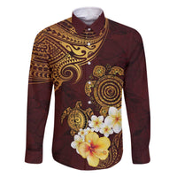 Polynesian Turtle Family Matching Off Shoulder Short Dress and Hawaiian Shirt Plumeria Hibiscus Pattern Oxblood LT03 Dad's Shirt - Long Sleeve Oxblood - Polynesian Pride
