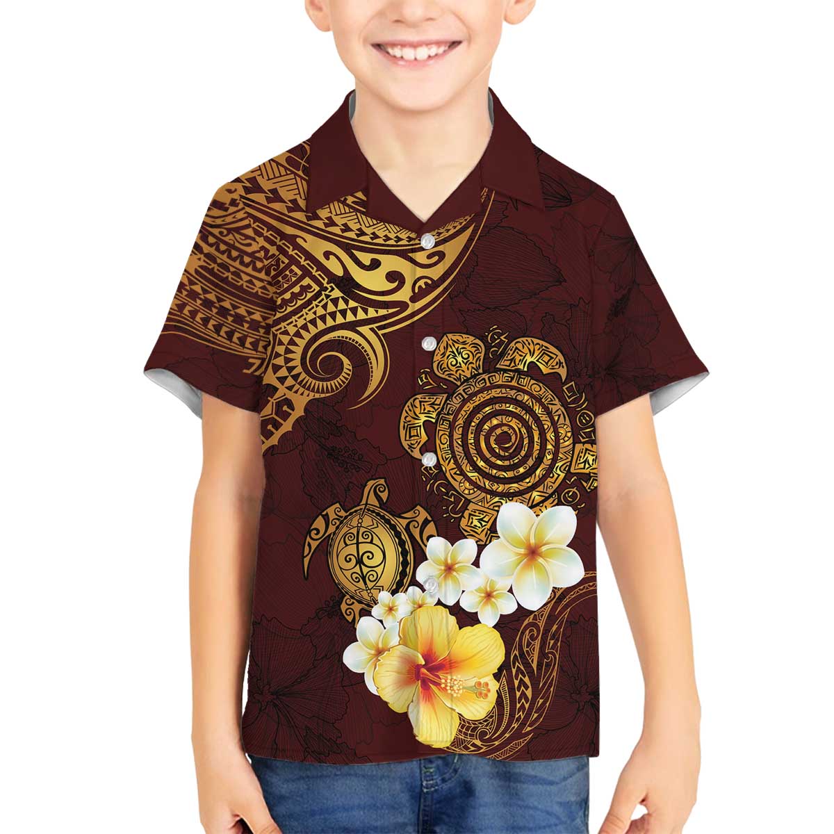 Polynesian Turtle Family Matching Off Shoulder Short Dress and Hawaiian Shirt Plumeria Hibiscus Pattern Oxblood LT03 Son's Shirt Oxblood - Polynesian Pride