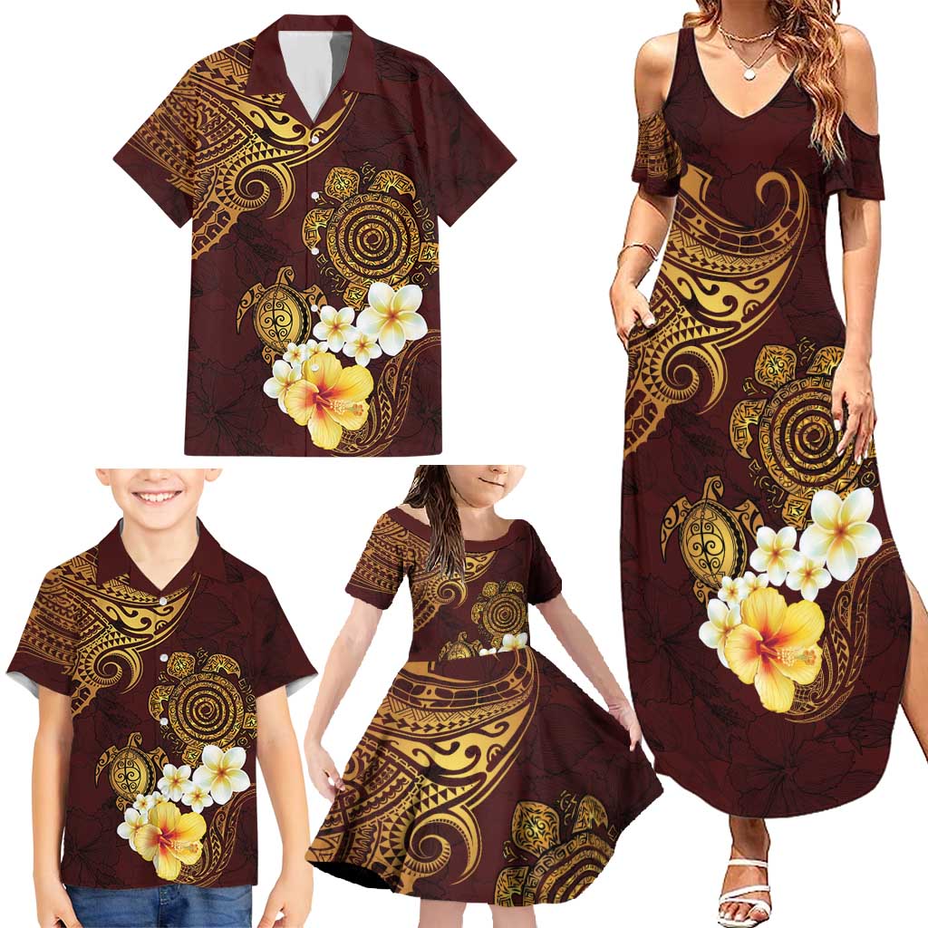 Polynesian Turtle Family Matching Summer Maxi Dress and Hawaiian Shirt Plumeria Hibiscus Pattern Oxblood LT03 - Polynesian Pride