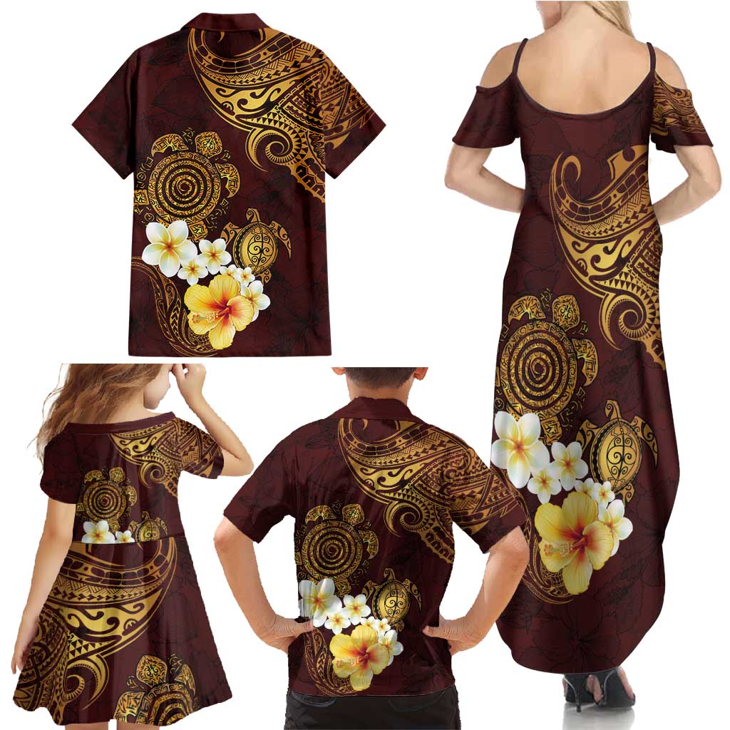 Polynesian Turtle Family Matching Summer Maxi Dress and Hawaiian Shirt Plumeria Hibiscus Pattern Oxblood LT03 - Polynesian Pride