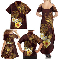 Polynesian Turtle Family Matching Summer Maxi Dress and Hawaiian Shirt Plumeria Hibiscus Pattern Oxblood LT03 - Polynesian Pride