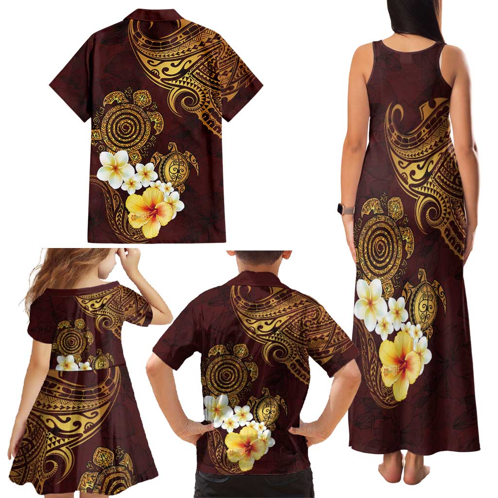 Polynesian Turtle Family Matching Tank Maxi Dress and Hawaiian Shirt Plumeria Hibiscus Pattern Oxblood LT03 - Polynesian Pride