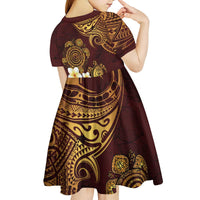 Polynesian Turtle Kid Short Sleeve Dress Plumeria Hibiscus Pattern Oxblood LT03 - Polynesian Pride