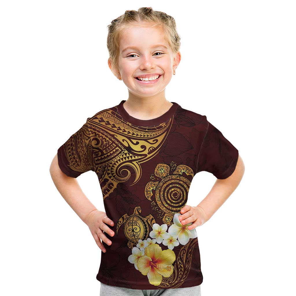 Polynesian Turtle Kid T Shirt Plumeria Hibiscus Pattern Oxblood LT03 Oxblood - Polynesian Pride