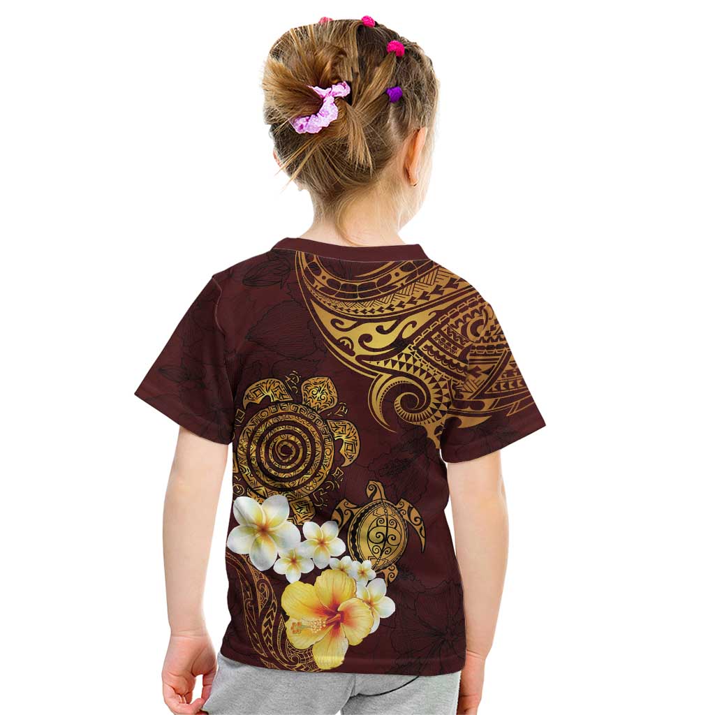 Polynesian Turtle Kid T Shirt Plumeria Hibiscus Pattern Oxblood LT03 - Polynesian Pride
