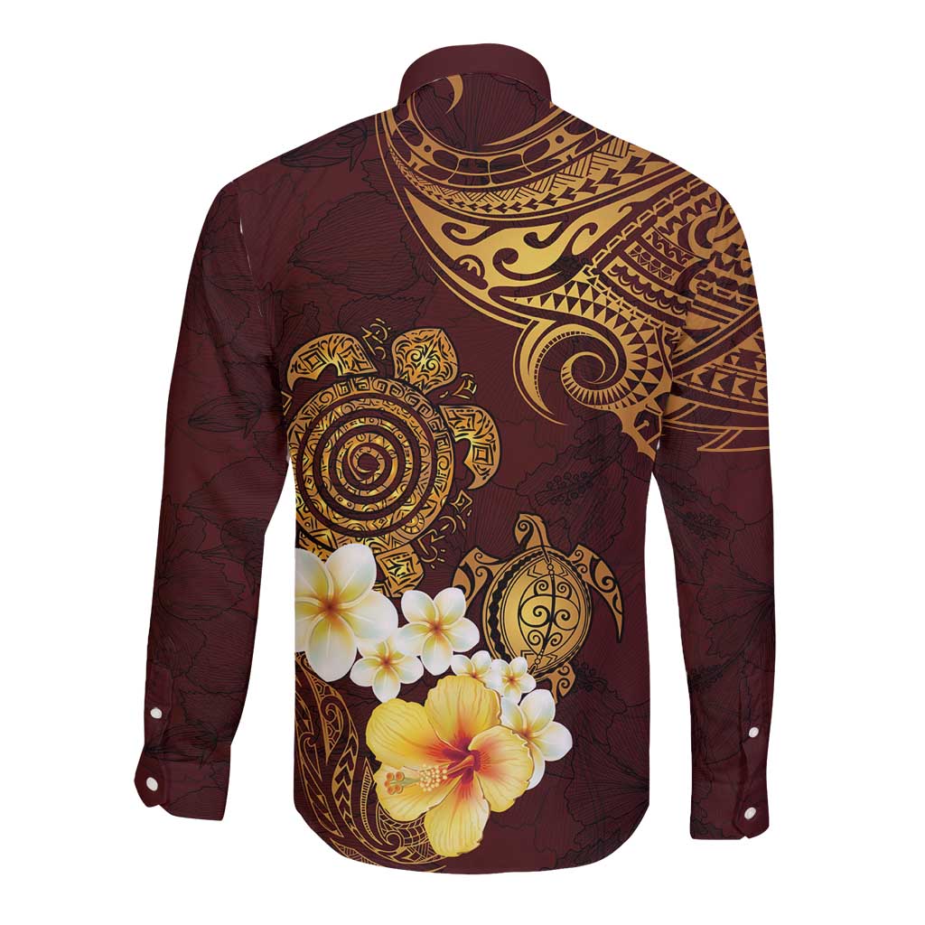 Polynesian Turtle Long Sleeve Button Shirt Plumeria Hibiscus Pattern Oxblood