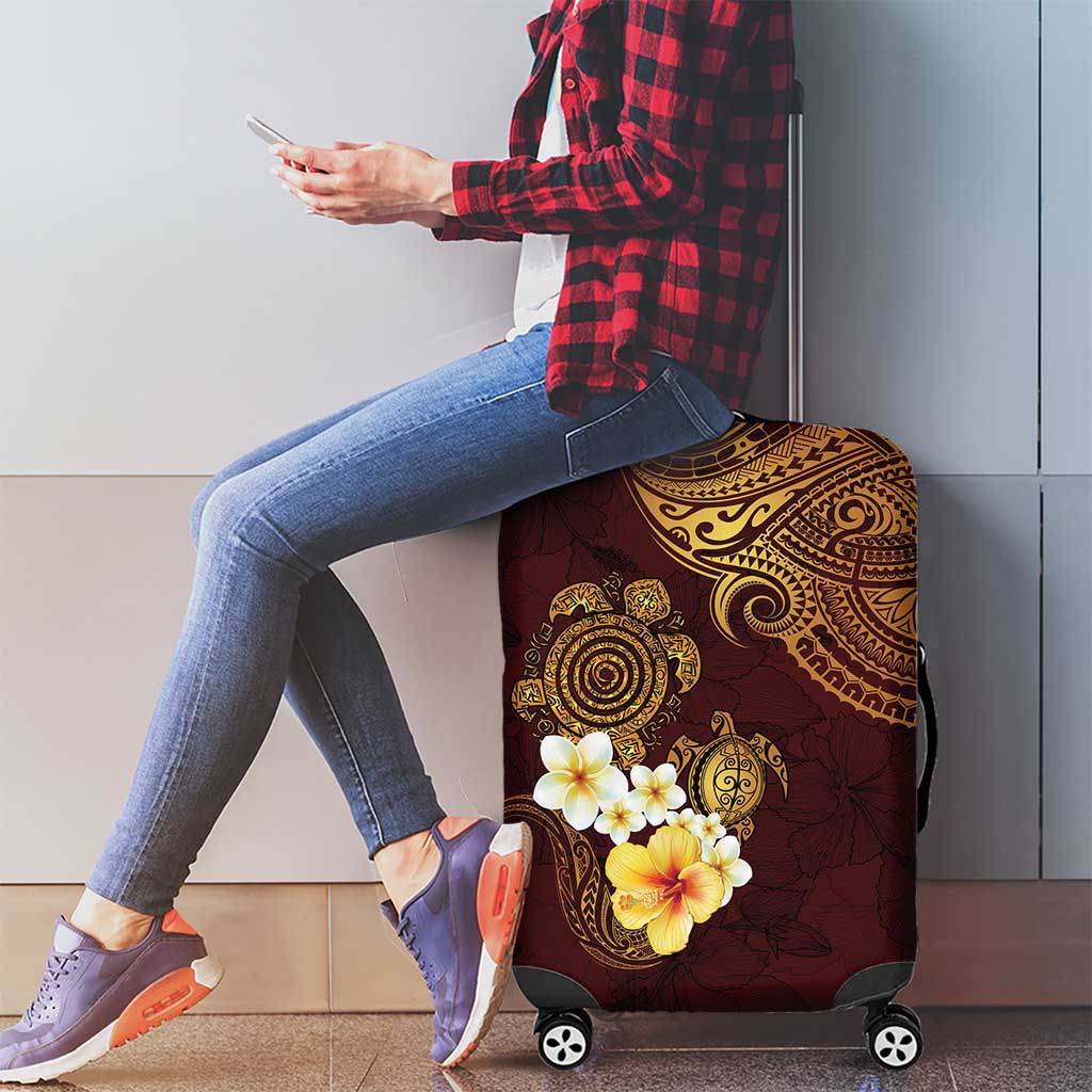 Polynesian Turtle Luggage Cover Plumeria Hibiscus Pattern Oxblood