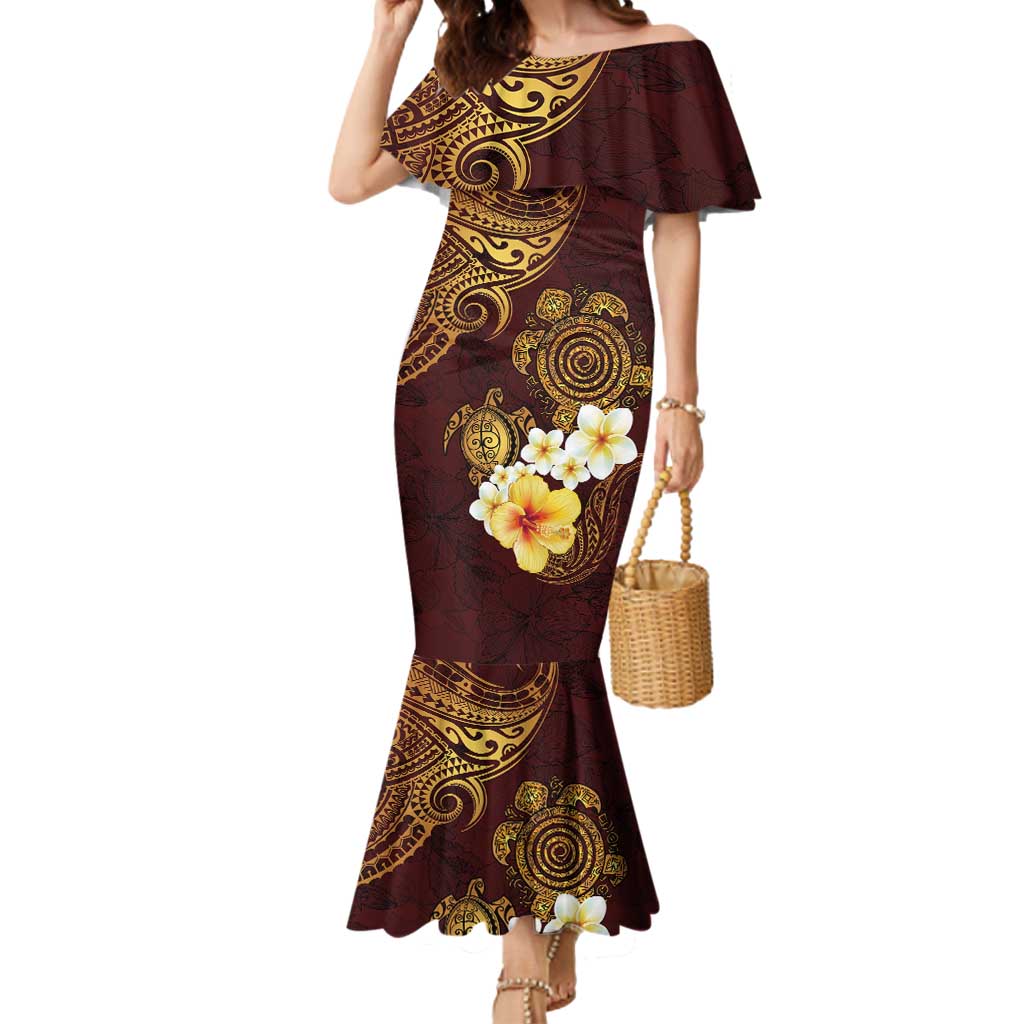 Polynesian Turtle Mermaid Dress Plumeria Hibiscus Pattern Oxblood LT03 Women Oxblood - Polynesian Pride