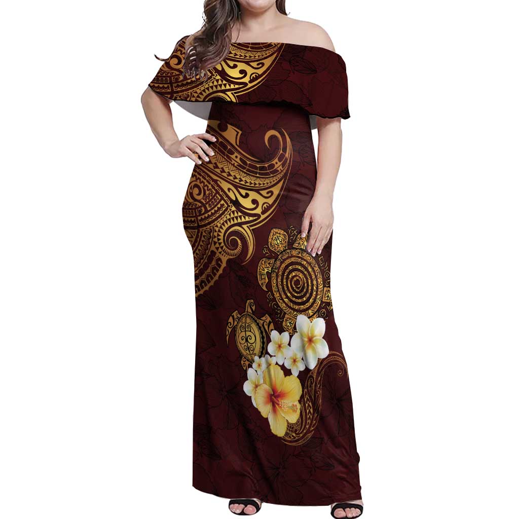 Polynesian Turtle Off Shoulder Maxi Dress Plumeria Hibiscus Pattern Oxblood
