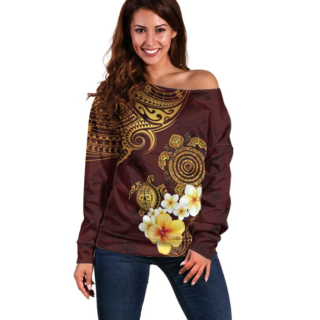 Polynesian Turtle Off Shoulder Sweater Plumeria Hibiscus Pattern Oxblood