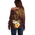 Polynesian Turtle Off Shoulder Sweater Plumeria Hibiscus Pattern Oxblood