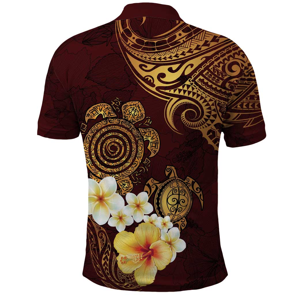 Polynesian Turtle Polo Shirt Plumeria Hibiscus Pattern Oxblood