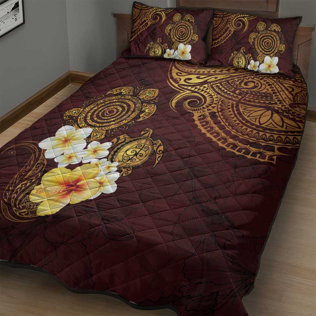 Polynesian Turtle Quilt Bed Set Plumeria Hibiscus Pattern Oxblood