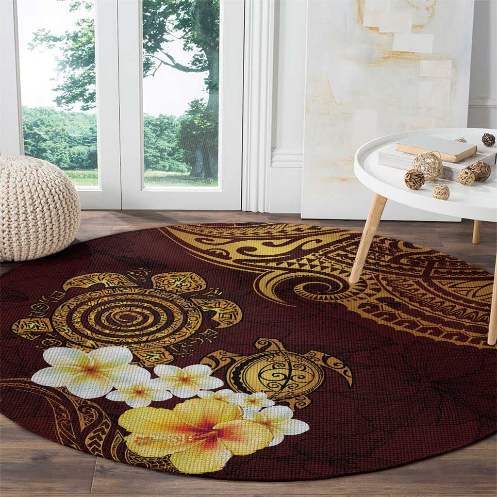 Polynesian Turtle Round Carpet Plumeria Hibiscus Pattern Oxblood
