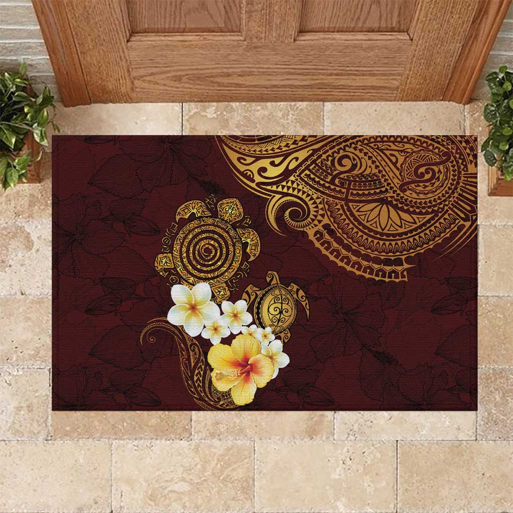 Polynesian Turtle Rubber Doormat Plumeria Hibiscus Pattern Oxblood