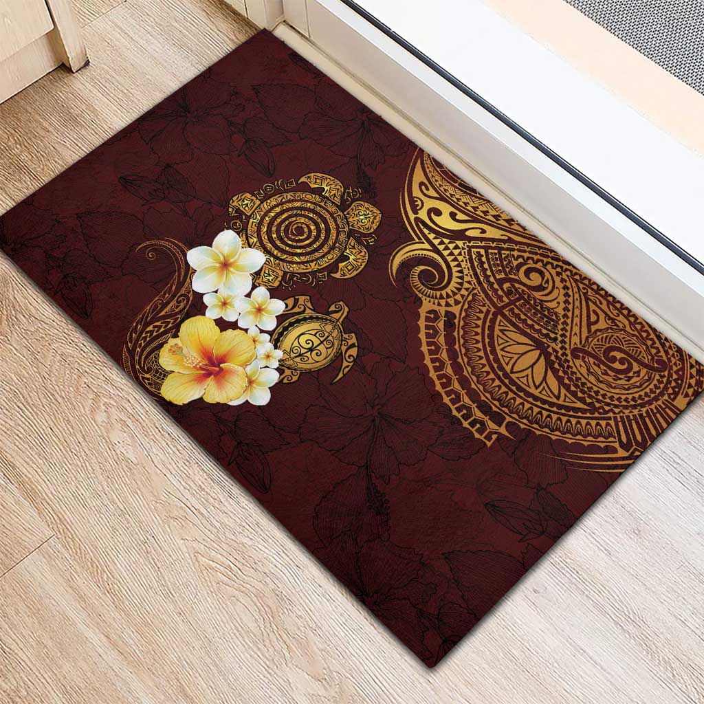 Polynesian Turtle Rubber Doormat Plumeria Hibiscus Pattern Oxblood