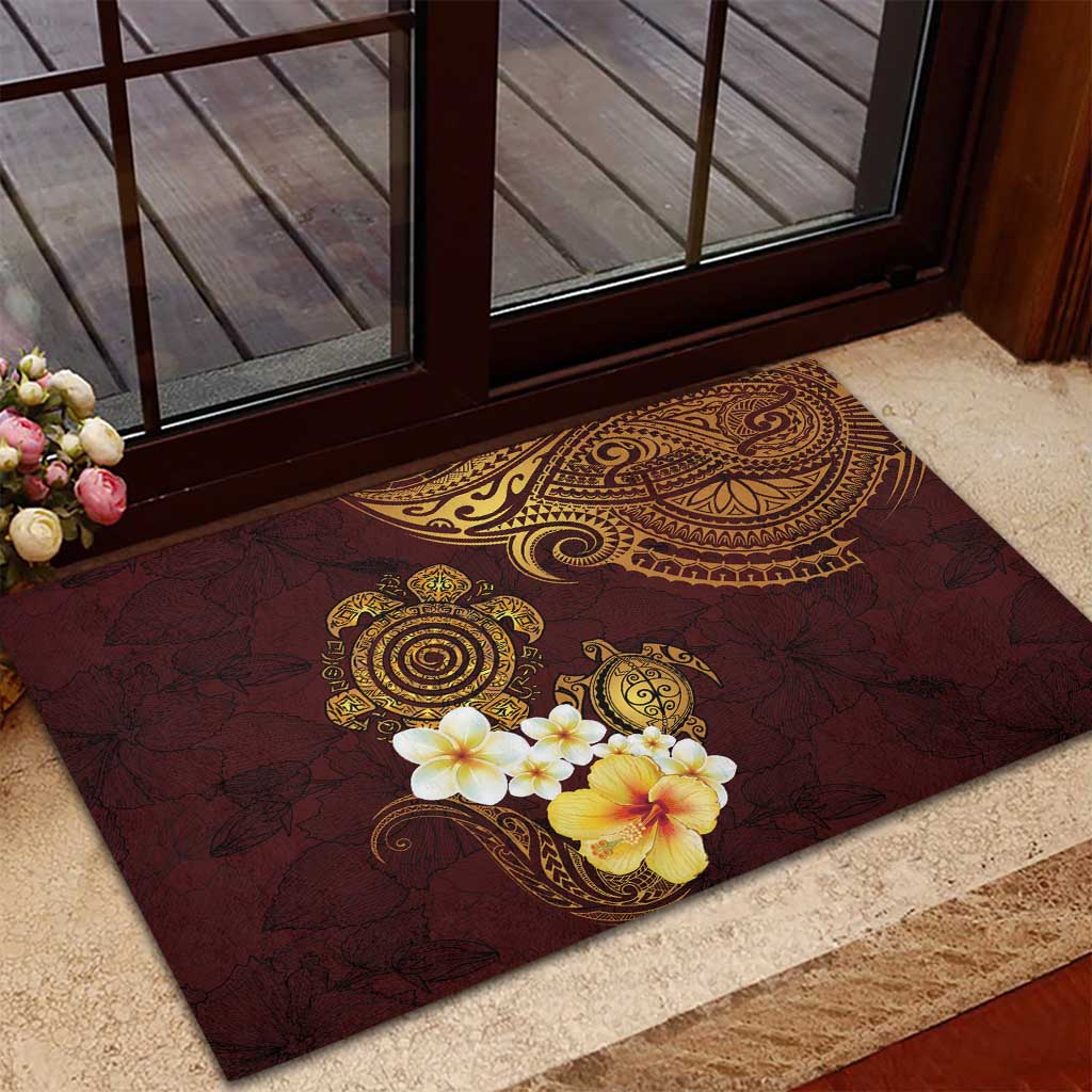 Polynesian Turtle Rubber Doormat Plumeria Hibiscus Pattern Oxblood