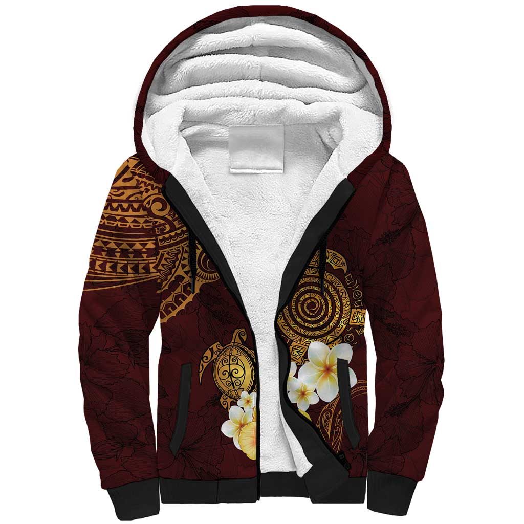 Polynesian Turtle Sherpa Hoodie Plumeria Hibiscus Pattern Oxblood