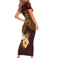 Polynesian Turtle Short Sleeve Bodycon Dress Plumeria Hibiscus Pattern Oxblood