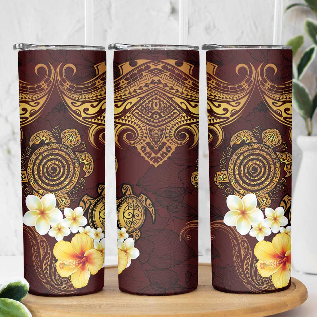 Polynesian Turtle Skinny Tumbler Plumeria Hibiscus Pattern Oxblood