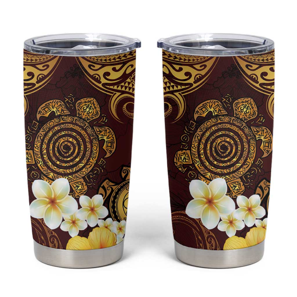 Polynesian Turtle Tumbler Cup Plumeria Hibiscus Pattern Oxblood