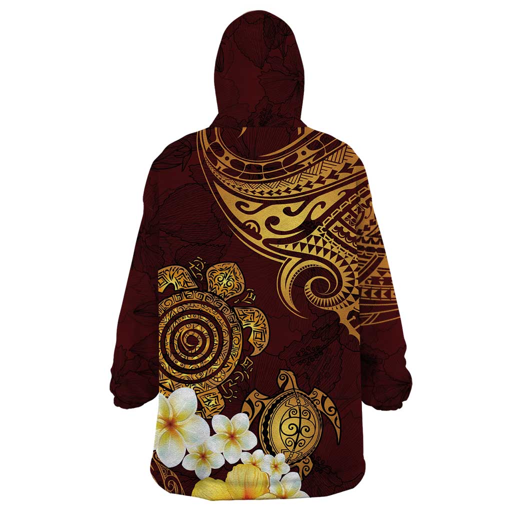 Polynesian Turtle Wearable Blanket Hoodie Plumeria Hibiscus Pattern Oxblood