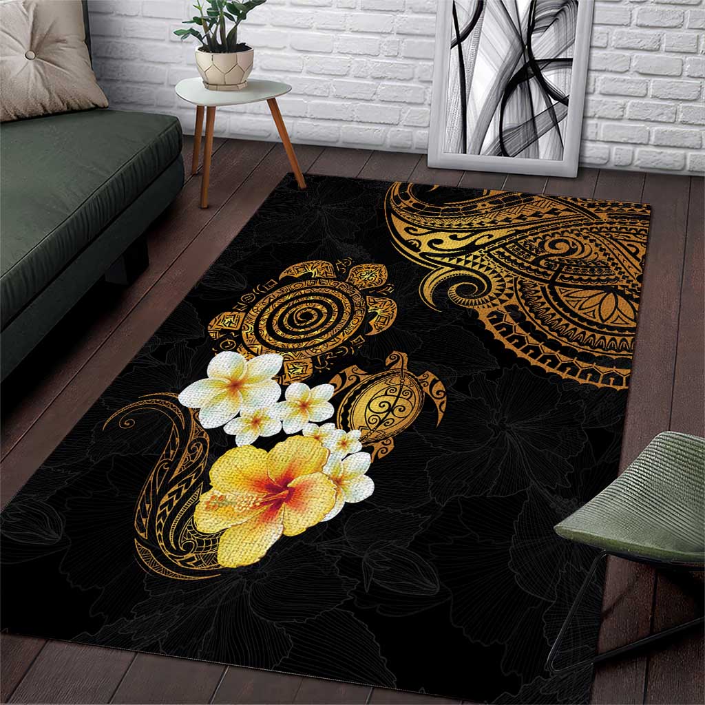 Polynesian Turtle Area Rug Plumeria Hibiscus Pattern Black Color