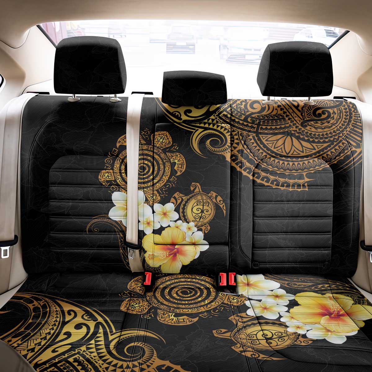 Polynesian Turtle Back Car Seat Cover Plumeria Hibiscus Pattern Black Color