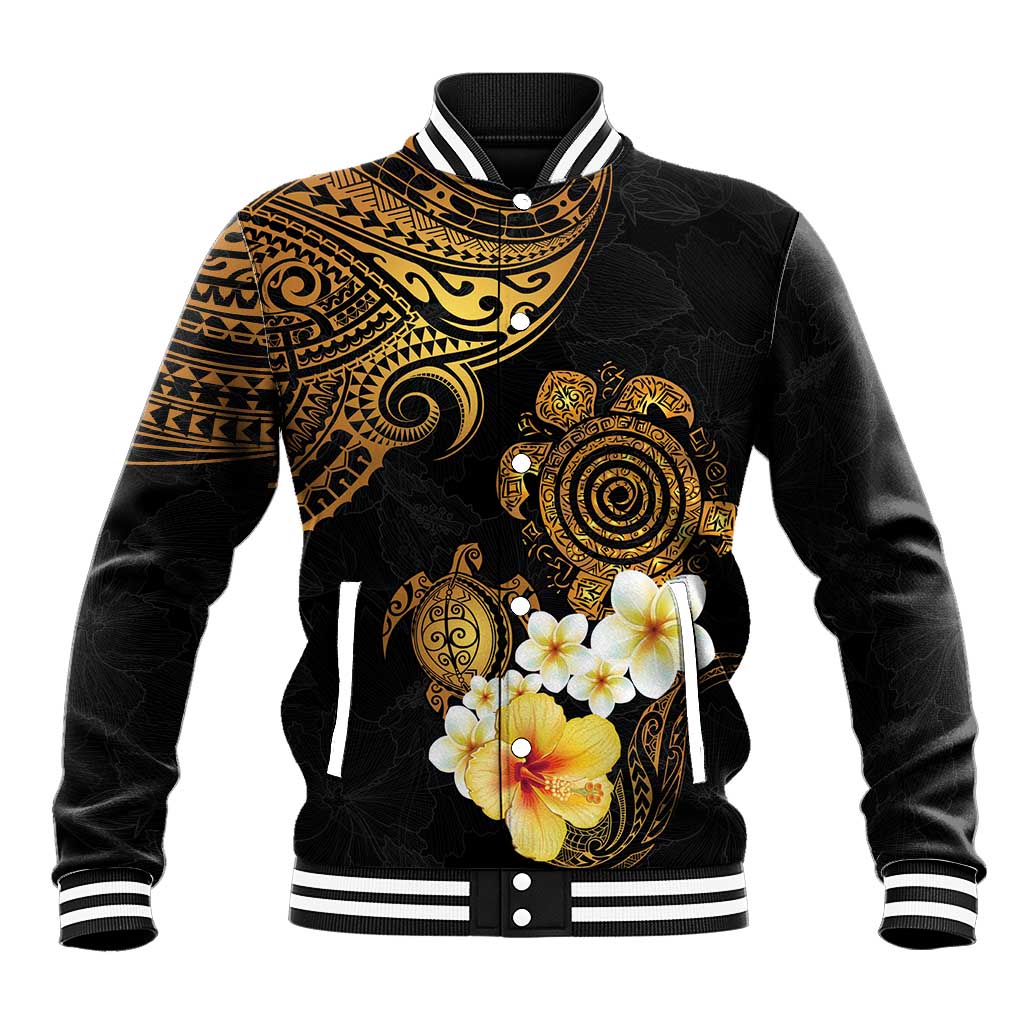 Polynesian Turtle Baseball Jacket Plumeria Hibiscus Pattern Black Color