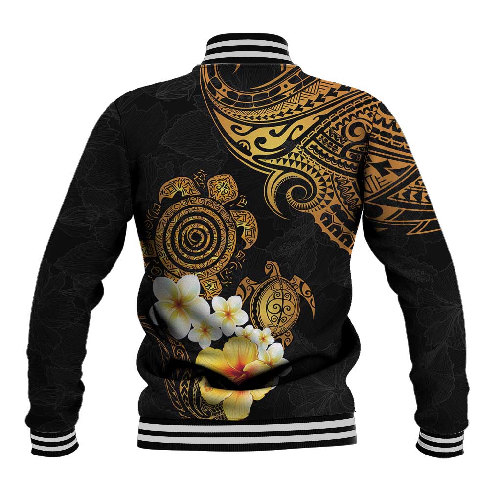Polynesian Turtle Baseball Jacket Plumeria Hibiscus Pattern Black Color