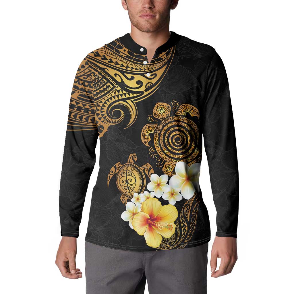 Polynesian Turtle Button Sweatshirt Plumeria Hibiscus Pattern Black Color