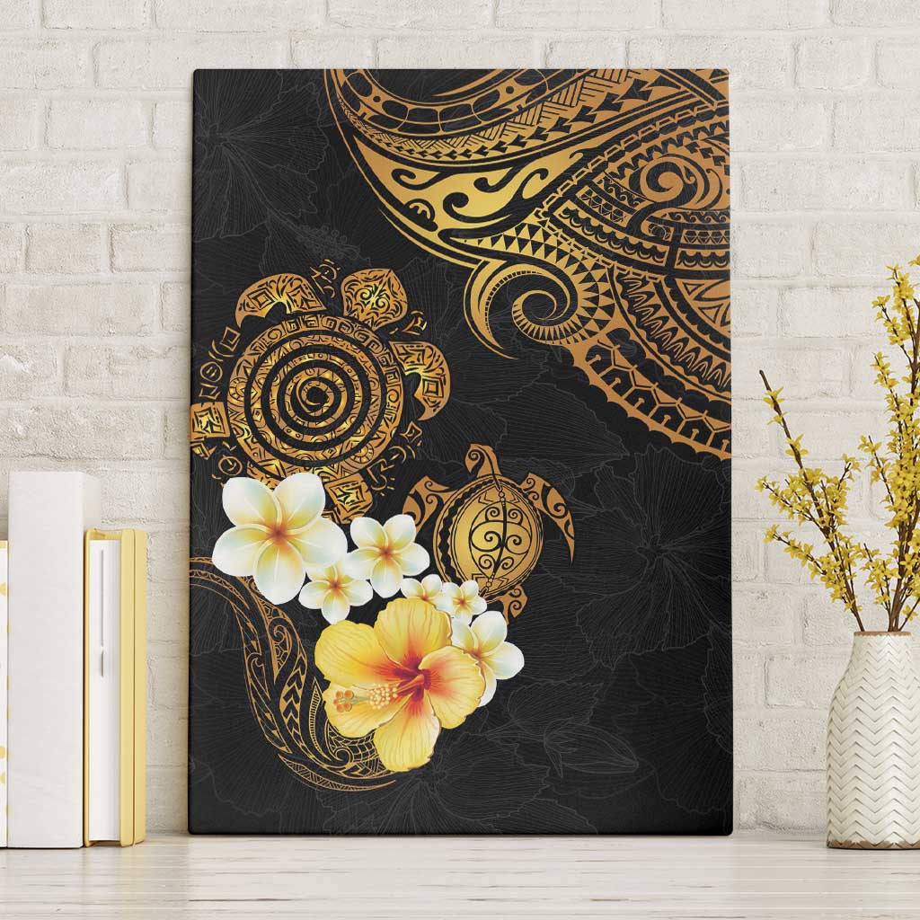 Polynesian Turtle Canvas Wall Art Plumeria Hibiscus Pattern Black Color