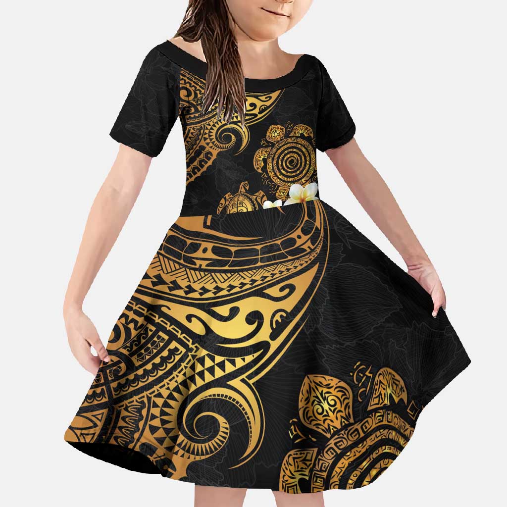 Polynesian Turtle Family Matching Off Shoulder Maxi Dress and Hawaiian Shirt Plumeria Hibiscus Pattern Black Color LT03 Daughter's Dress Black - Polynesian Pride