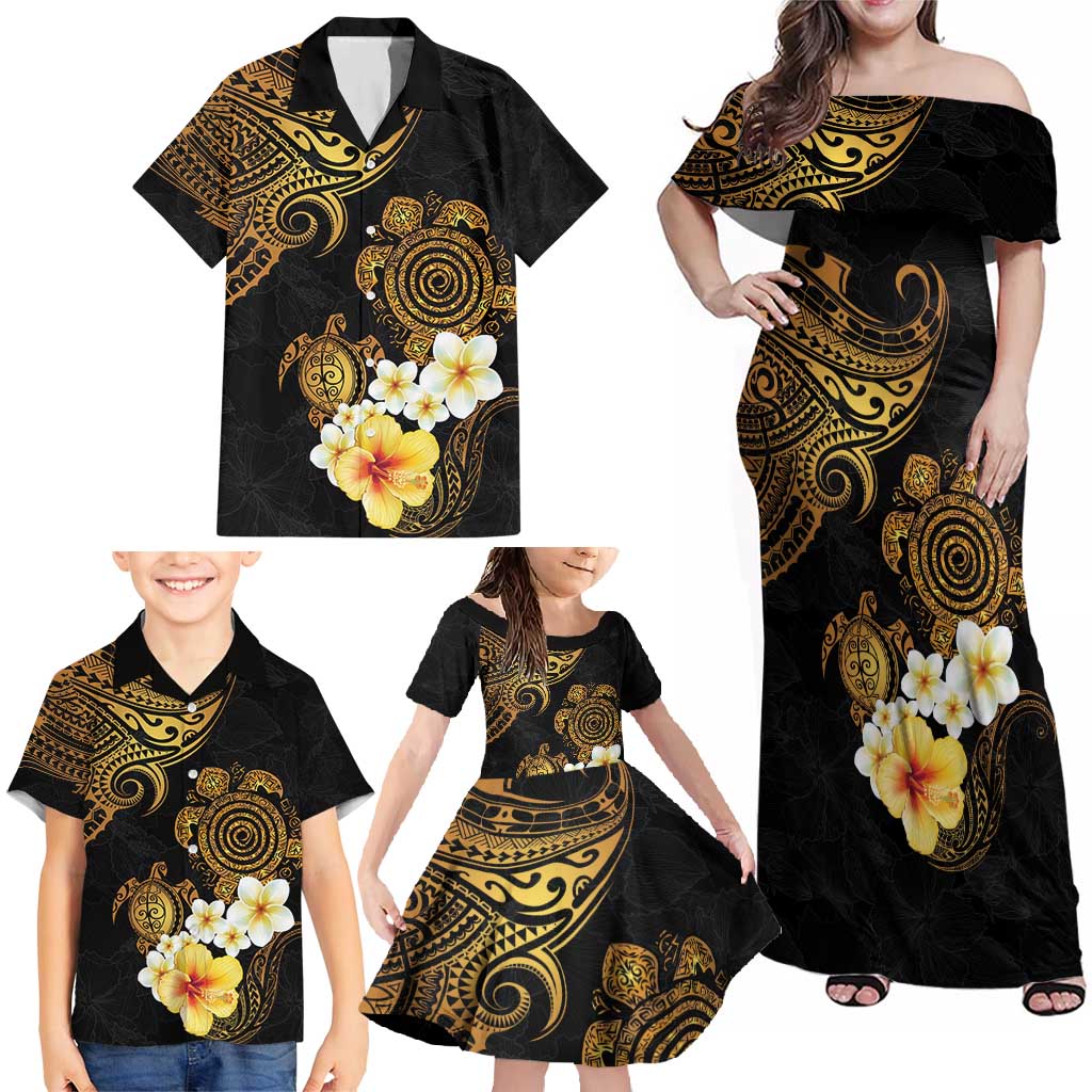 Polynesian Turtle Family Matching Off Shoulder Maxi Dress and Hawaiian Shirt Plumeria Hibiscus Pattern Black Color LT03 - Polynesian Pride