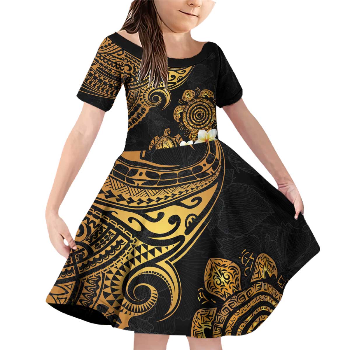 Polynesian Turtle Family Matching Off Shoulder Short Dress and Hawaiian Shirt Plumeria Hibiscus Pattern Black Color LT03 Daughter's Dress Black - Polynesian Pride