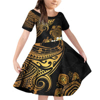 Polynesian Turtle Family Matching Off Shoulder Short Dress and Hawaiian Shirt Plumeria Hibiscus Pattern Black Color LT03 Daughter's Dress Black - Polynesian Pride