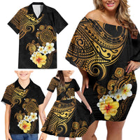 Polynesian Turtle Family Matching Off Shoulder Short Dress and Hawaiian Shirt Plumeria Hibiscus Pattern Black Color LT03 - Polynesian Pride